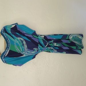 Jennifer Lopez Multi-Color Belted Short Blue and Green Tropical Dress Size Large